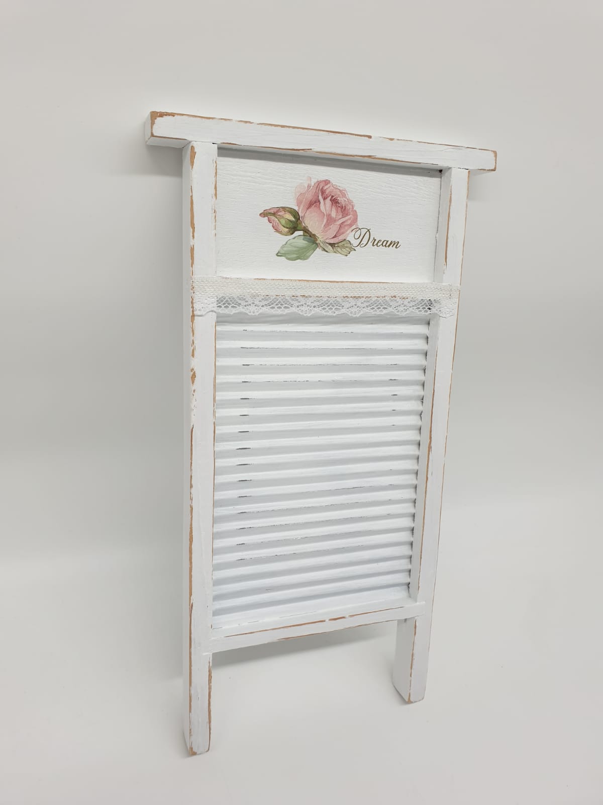 Shabby Chic Mini Waschbrett aus Holz mit Rosenmotiv – Vintage Landhaus Deko Weiß | Nostalgische Wanddeko