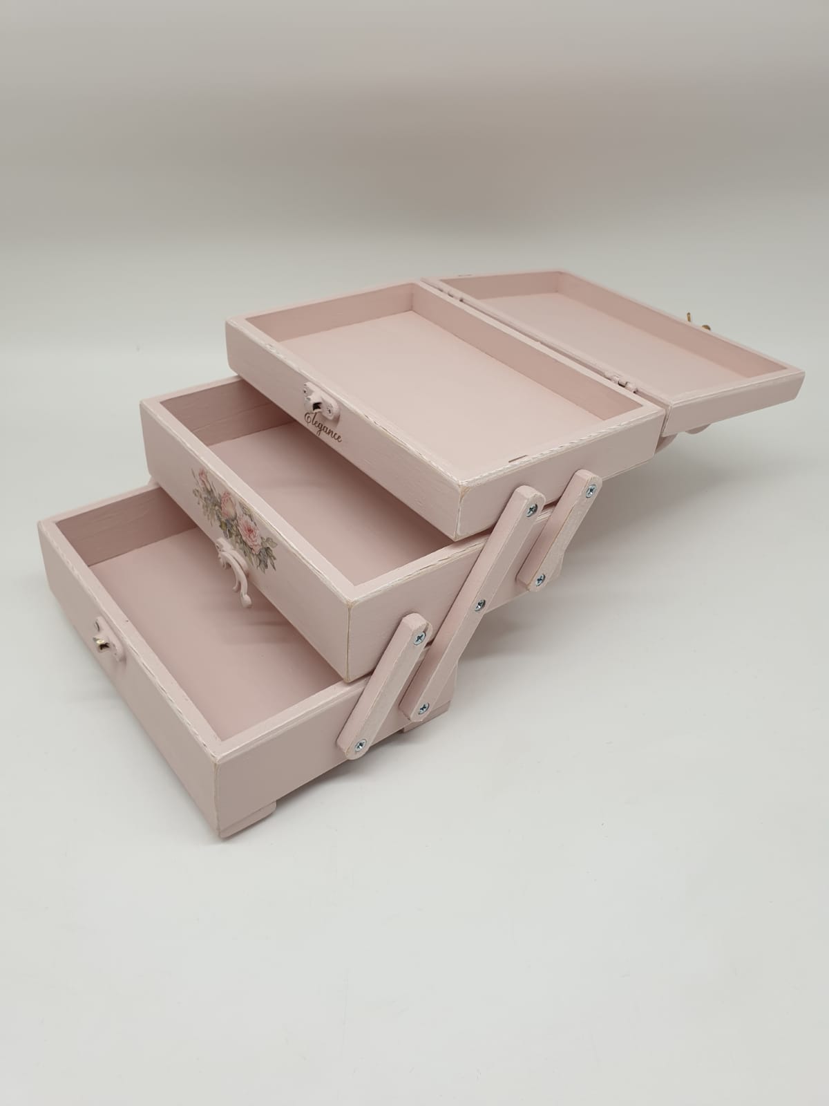 Shabby Chic Nähkästchen Rosa aus Holz – Kleines Vintage Nähkästchen mit 3 Fächern & Tragegriff
