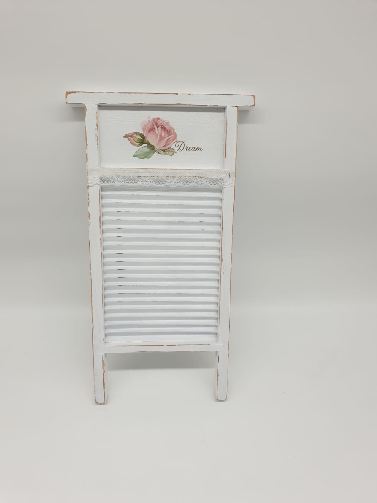 Shabby Chic Mini Waschbrett aus Holz mit Rosenmotiv – Vintage Landhaus Deko Weiß | Nostalgische Wanddeko