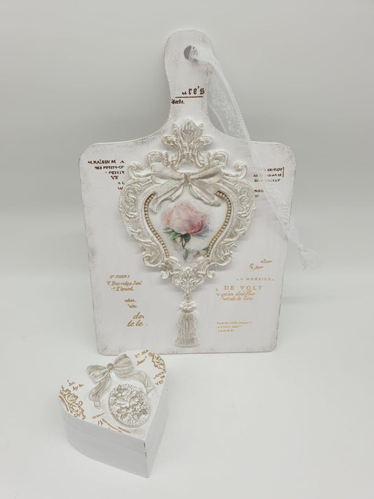 Shabby Chic Deko Set aus Holz – Vintage Dekobrett & Herzdose Landhausstil