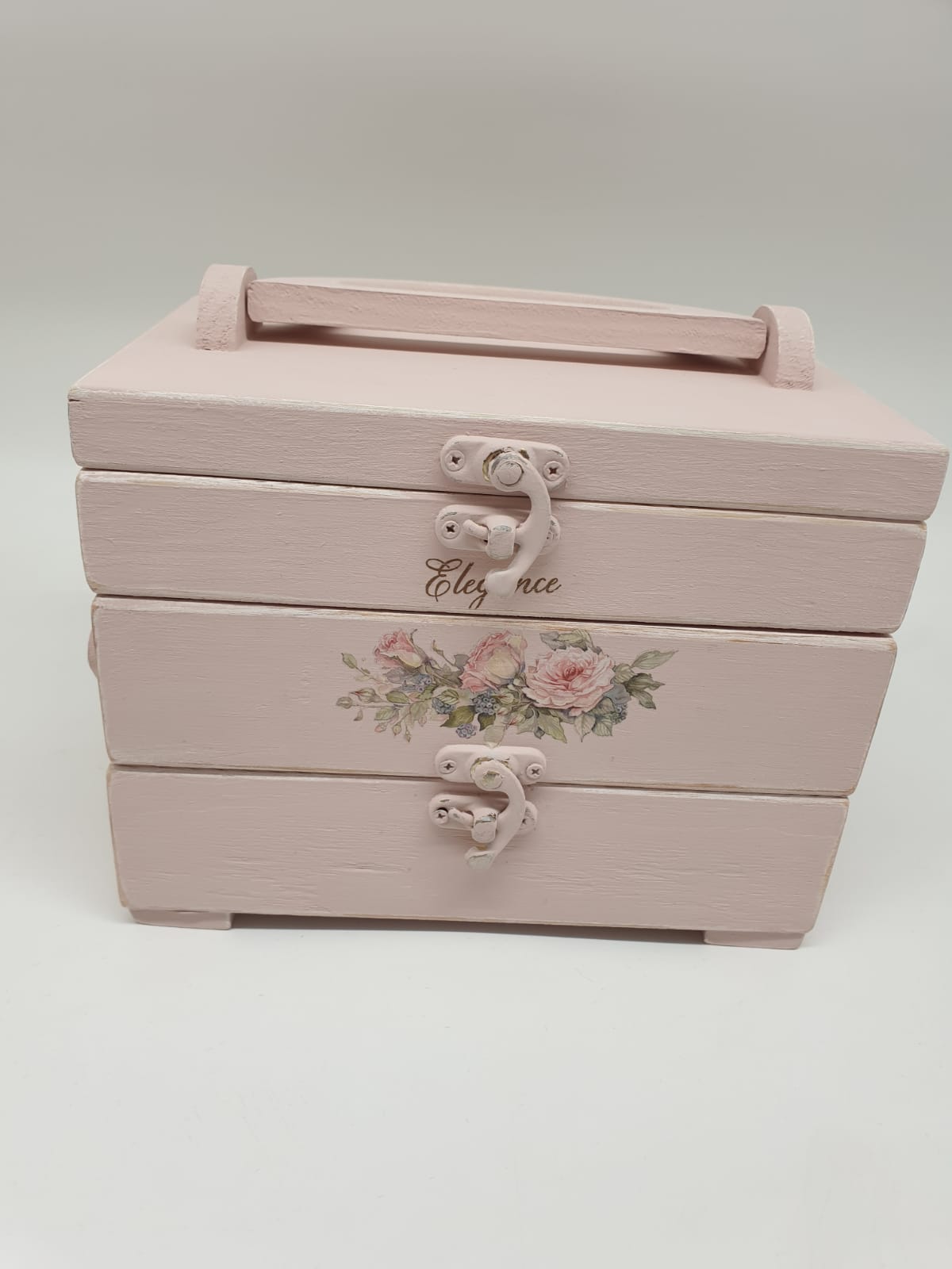 Shabby Chic Nähkästchen Rosa aus Holz – Kleines Vintage Nähkästchen mit 3 Fächern & Tragegriff