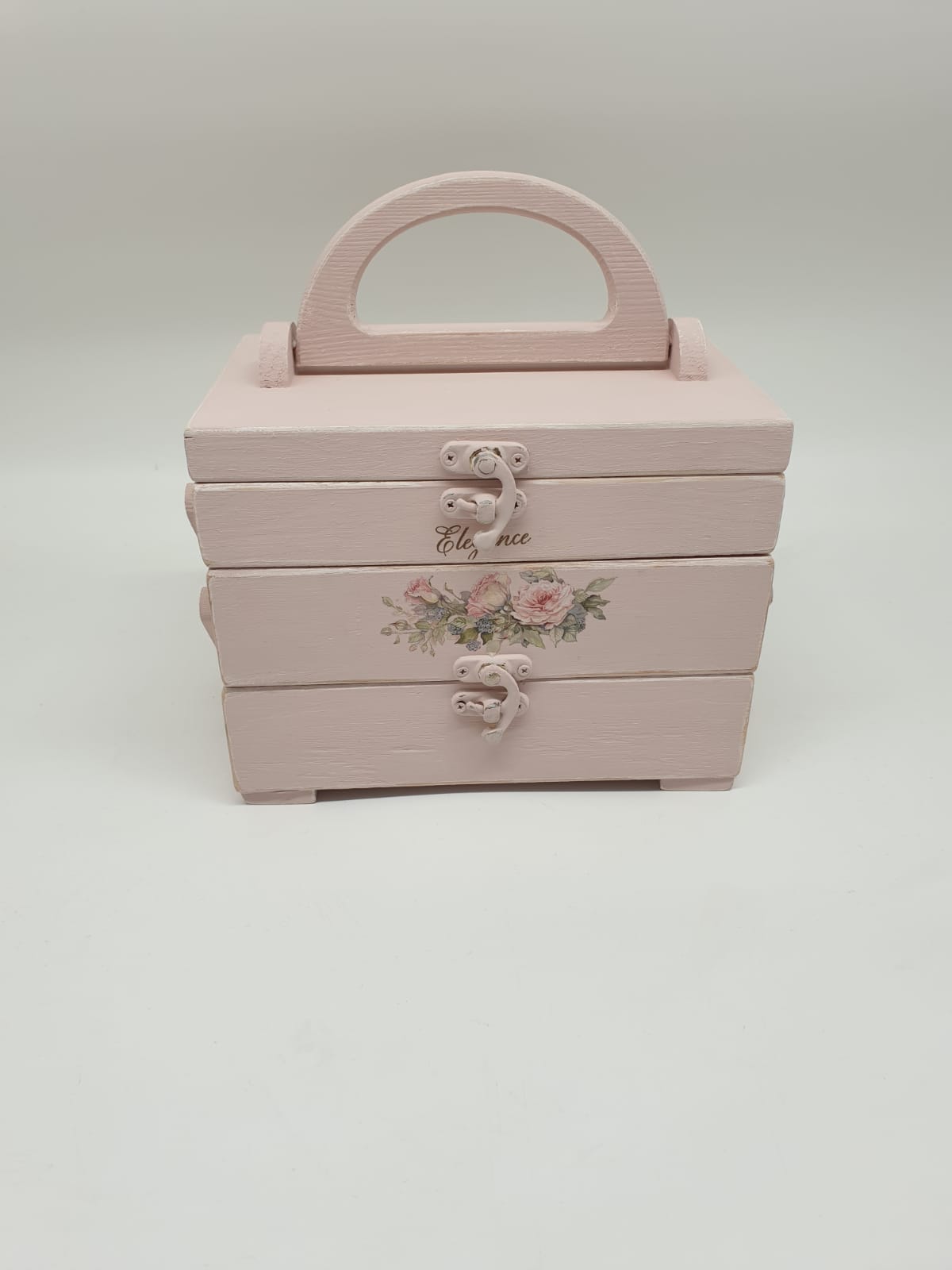 Shabby Chic Nähkästchen Rosa aus Holz – Kleines Vintage Nähkästchen mit 3 Fächern & Tragegriff